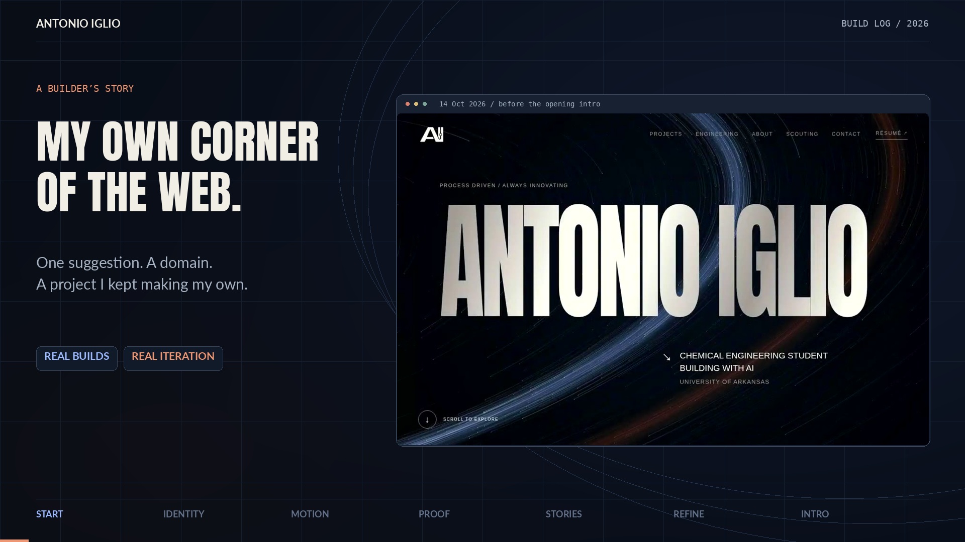 Portfolio builder’s story poster pairing “My own corner of the web” with a saved version of the orbital homepage.